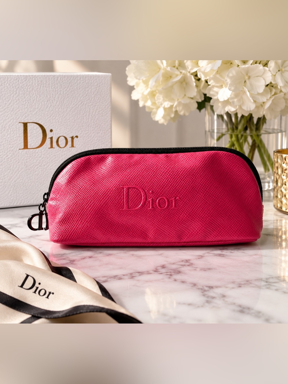 DIOR || Hot Pink Textured Embossed Cosmetic Pouch